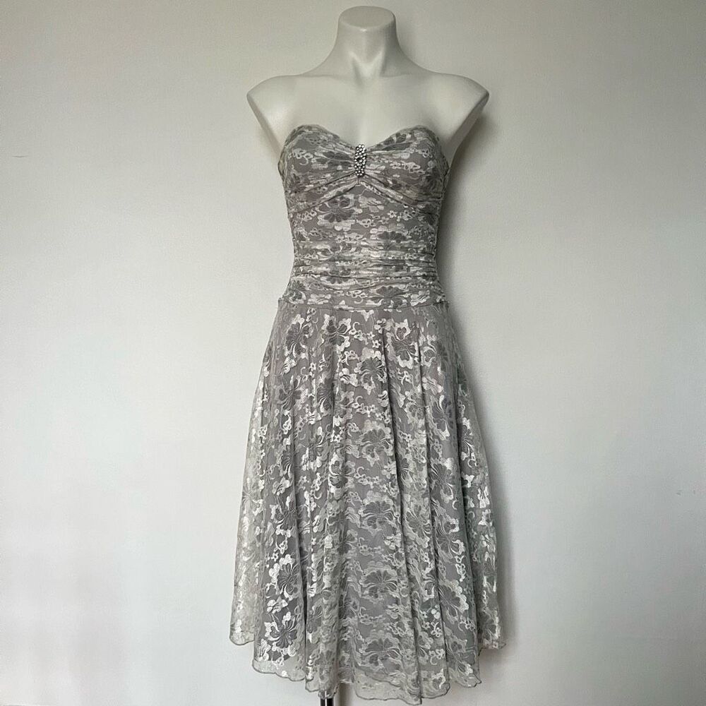 Speechless Silver Lace over lay Y2K strapless dress
